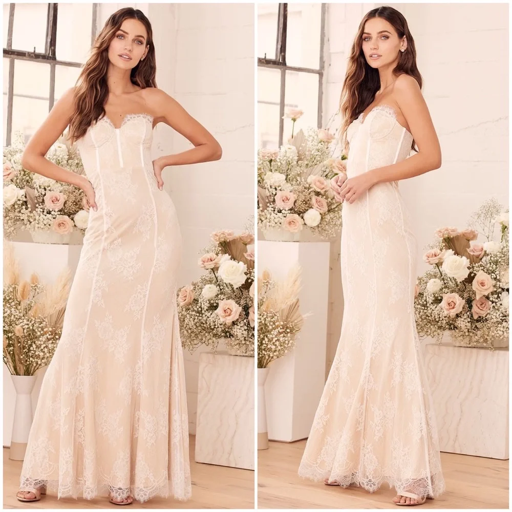 LULUS Moment of Elegance White Lace Strapless Mermaid Maxi Dress